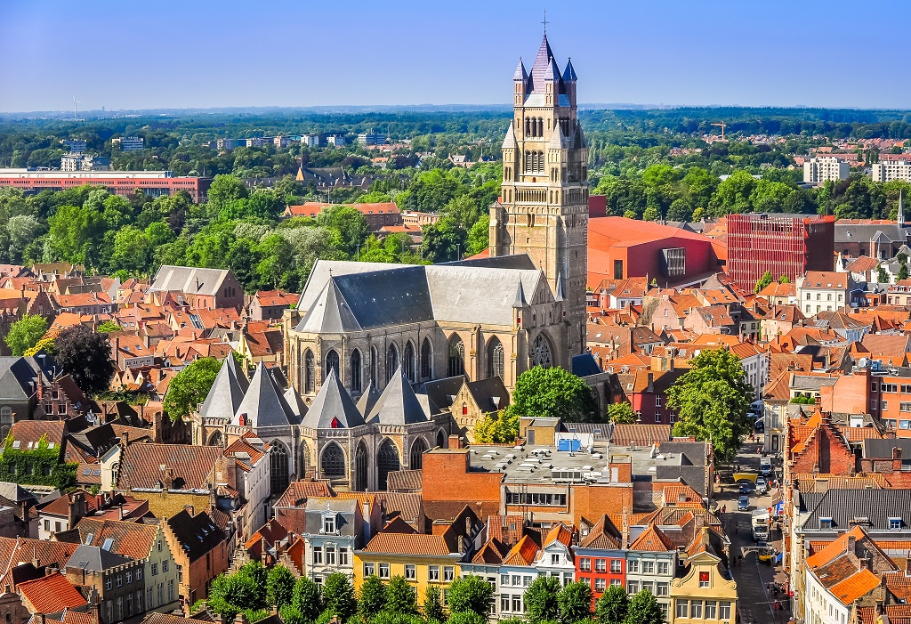 Aerial view of Saint Salvator Cathedral, Old Town of Bruges, Belgium
