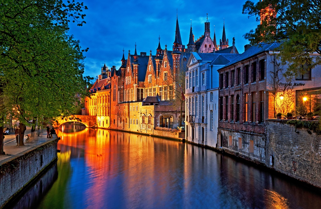 Along a canal at night, Bruges, Belgium