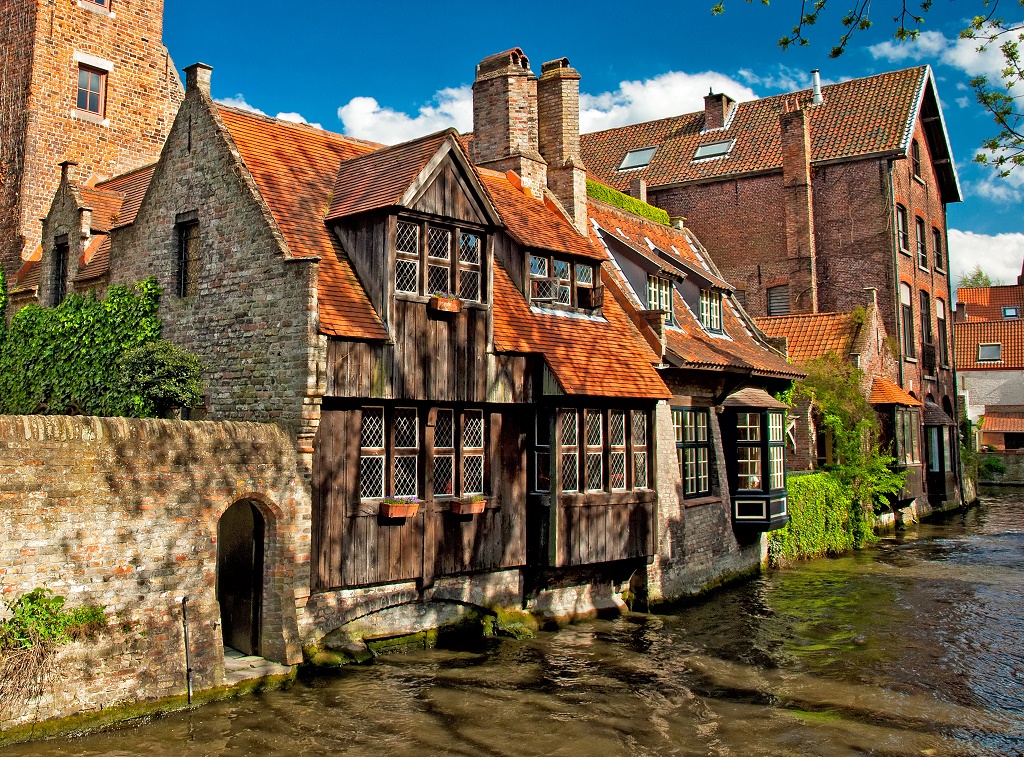 Houses along the canals of Brugge or Bruges, Belgium