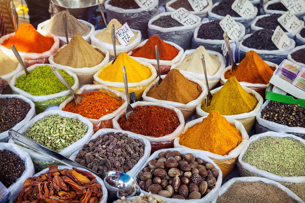 Indian colorful spices at Anjuna flea market in Goa